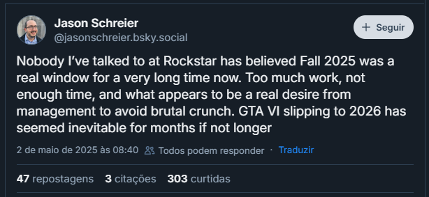 Rockstar anuncia adiamento de GTA 6 para maio de 2026